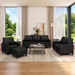 Durable 4-Piece Black Faux Leather Sofa Set