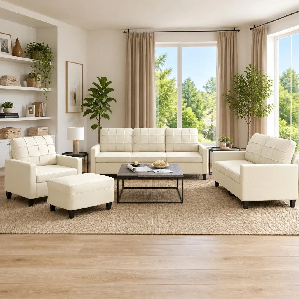 Cream Faux Leather 4 Piece Sofa Set with Cushions