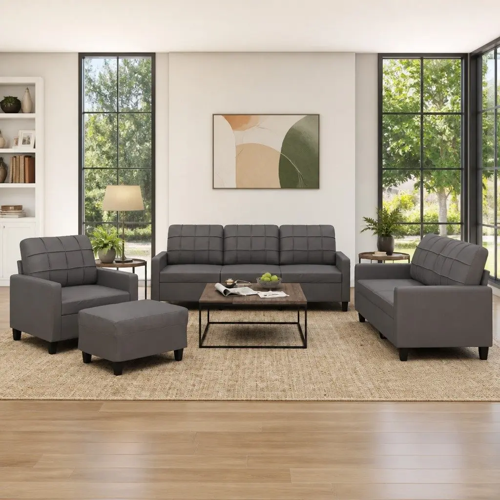 4 Piece Grey Faux Leather Sofa Set with Footstool