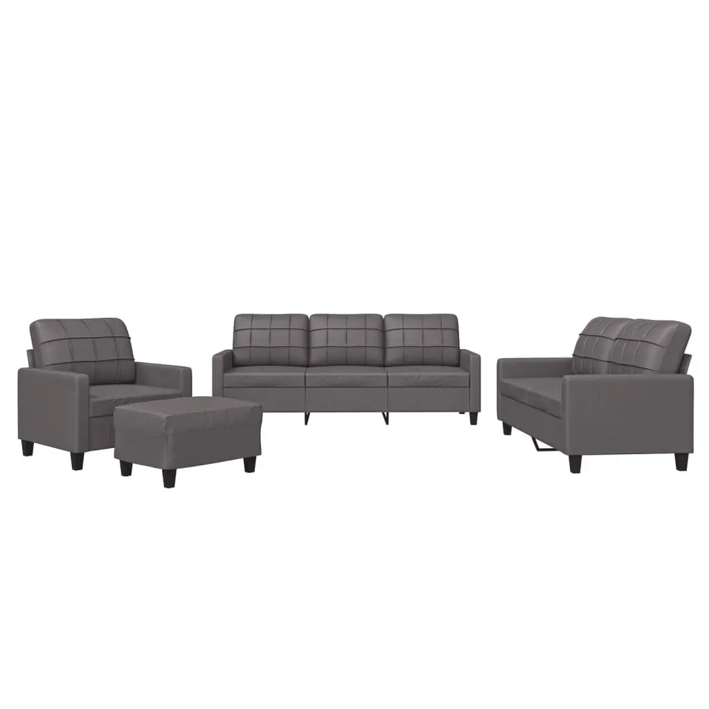 4 Piece Grey Faux Leather Sofa Set with Footstool