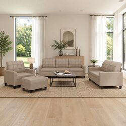 4 Piece Sofa Set with Cushions Footstool Brown Faux Leather Living Room