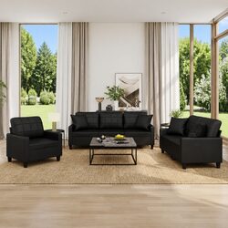 Durable Black Faux Leather 3 Piece Sofa Set
