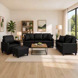 4 Piece Sofa Set with Throw Pillows Footstool Black Faux Leather Living Room