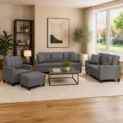 Sturdy 4 Piece Grey Faux Leather Sofa Set with Pillows
