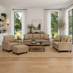 Sturdy 4 Piece Brown Faux Leather Sofa Set with Pillows