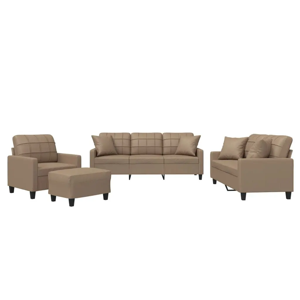4 Piece Sofa Set Faux Leather Brown Compact Lounge Suite with Pillows Footstool