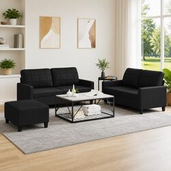 Durable 3 Piece Sofa Set with Footstool in Black Faux Leather