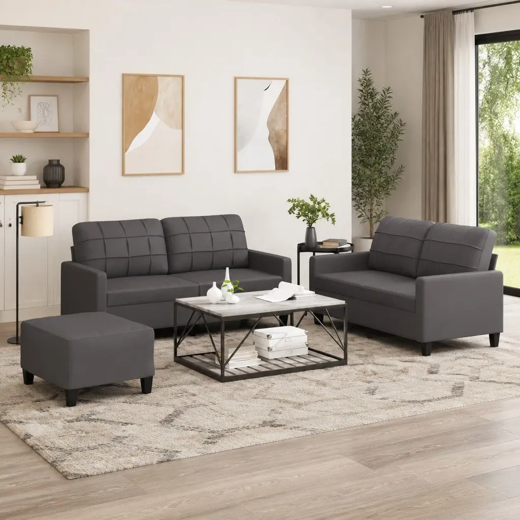 3 Piece Sofa Set with Footstool in Grey