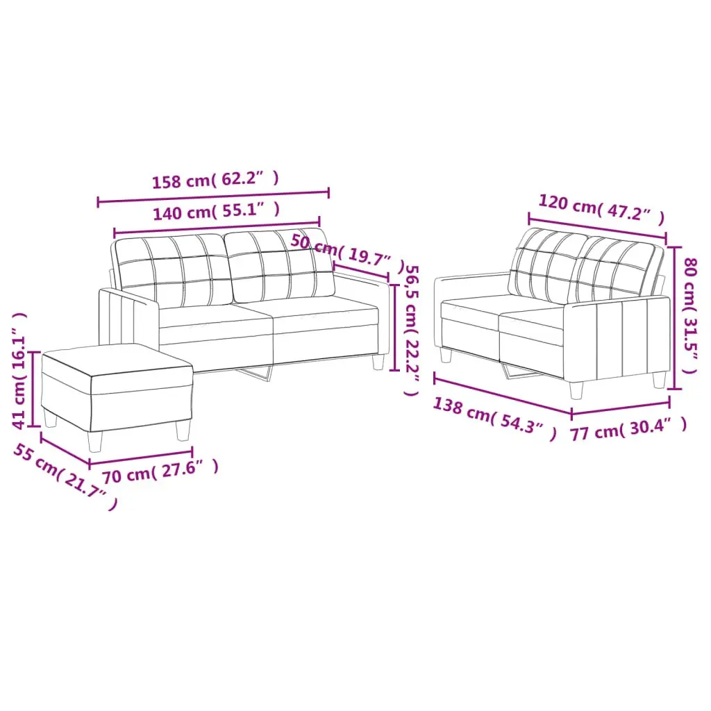 3 Piece Sofa Set with Footstool in Grey