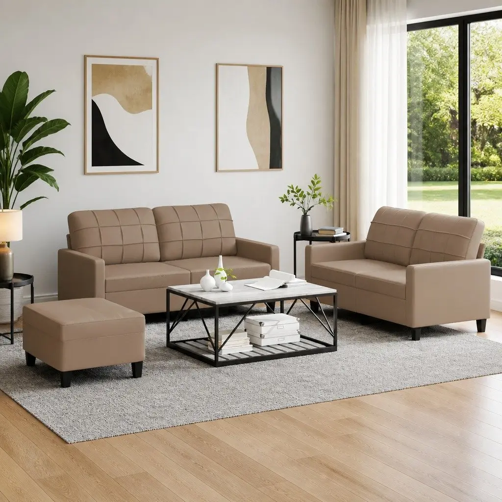 3 Piece Sofa Set Faux Leather Brown Compact Lounge Couch