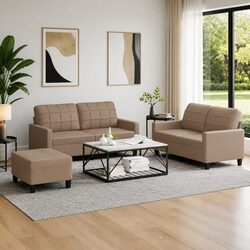 3 Piece Sofa Set with Footstool Brown Faux Leather Lounge Couch Living Room