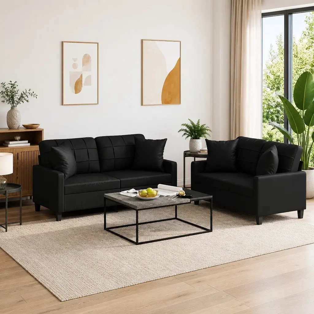 2 Piece Black Faux Leather Sofa Set with Pillows