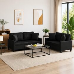 Durable 2 Piece Black Faux Leather Sofa Set with Pillows