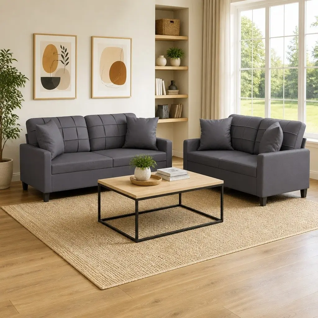 Grey Faux Leather 2 Piece Sofa Set with Pillows