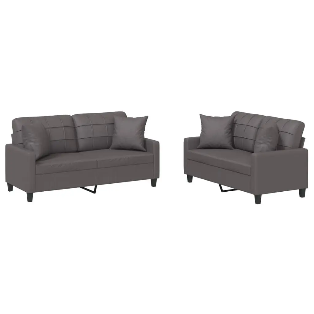 Grey Faux Leather 2 Piece Sofa Set with Pillows