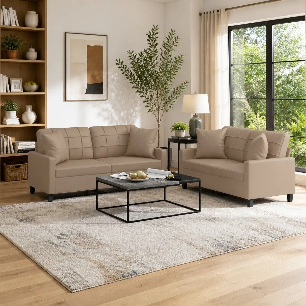 Brown Faux Leather 2-Piece Sofa Set with Throw Pillows