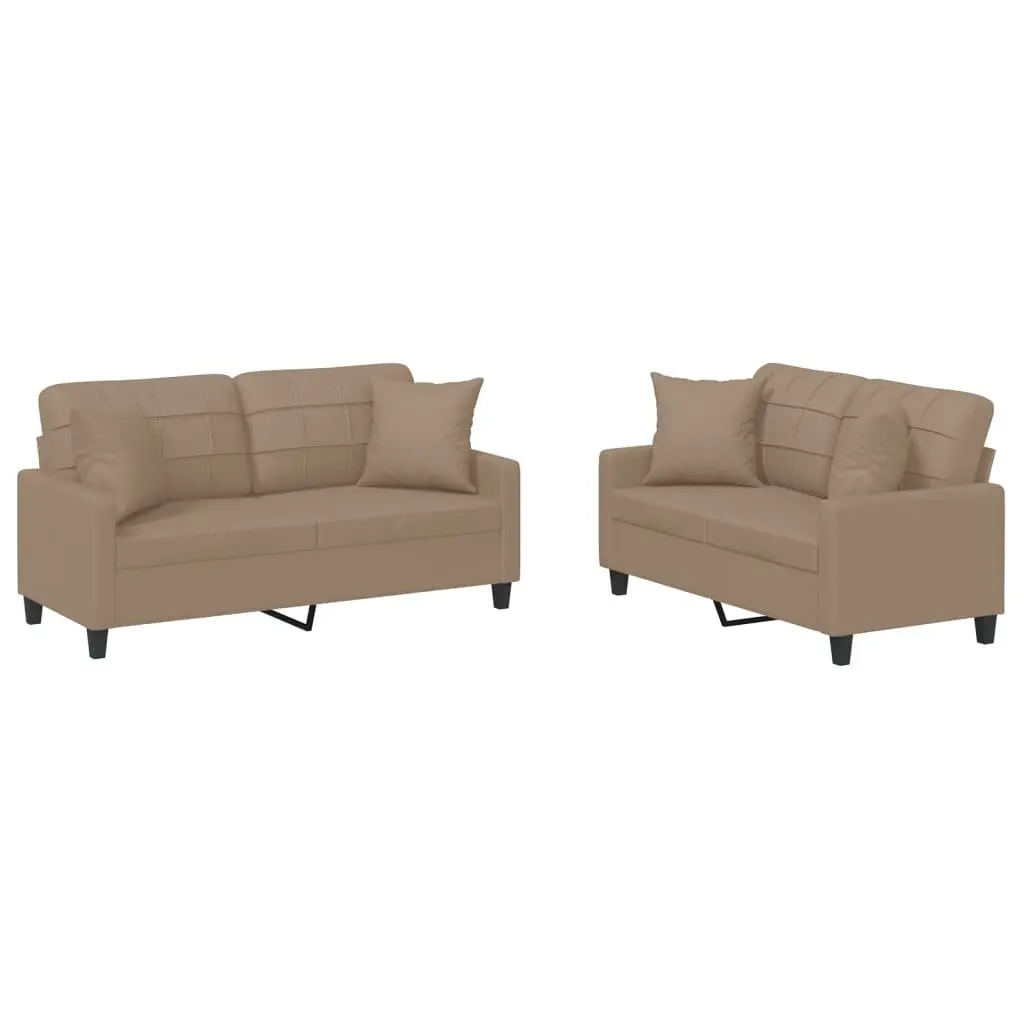 Brown Faux Leather 2-Piece Sofa Set with Throw Pillows