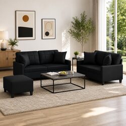 Sturdy 3 Piece Black Faux Leather Sofa Set with Pillows