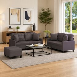 Grey Faux Leather 3 Piece Sofa Set with Pillows & Footstool