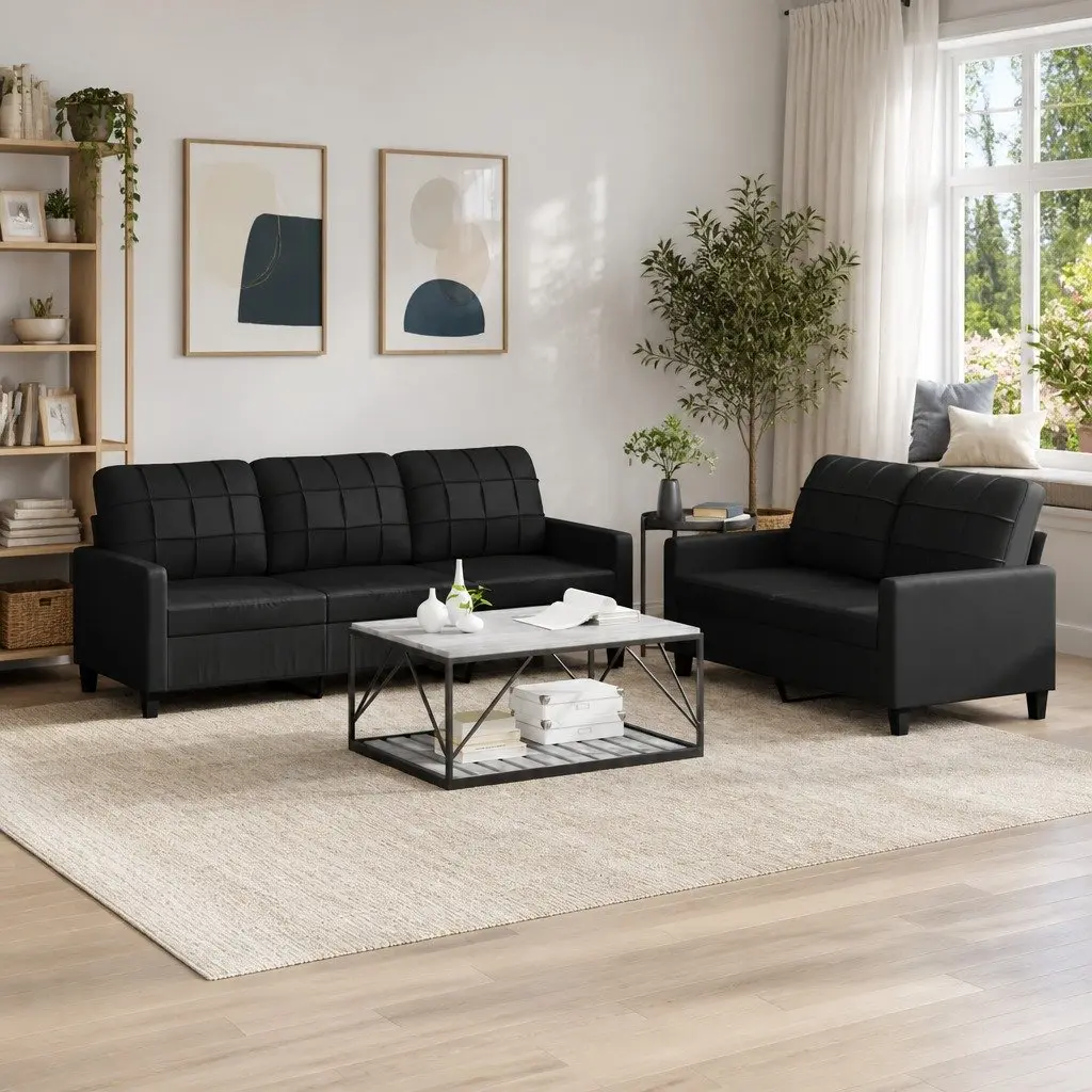Black Faux Leather Sofa Set with Cushions