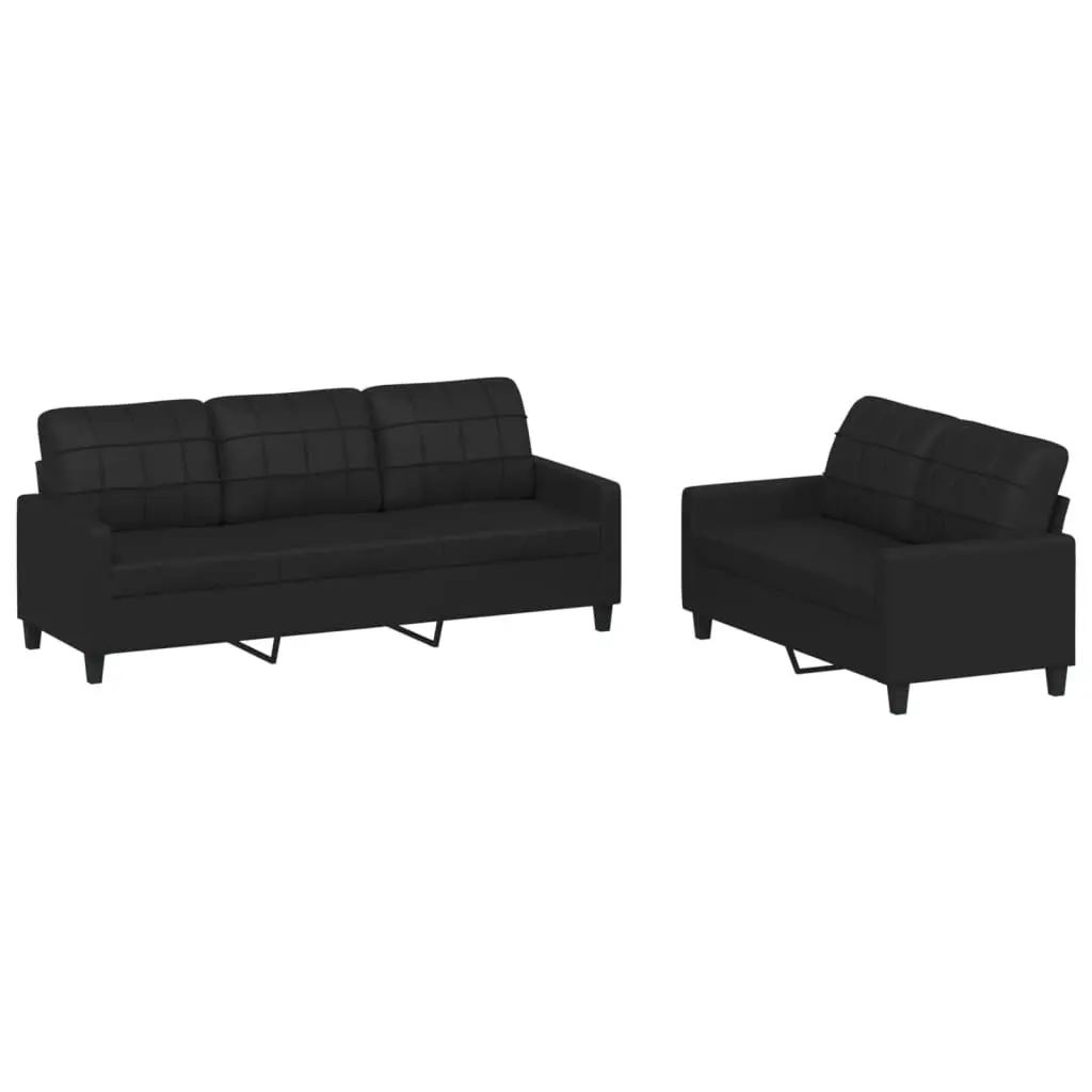 Black Faux Leather Sofa Set with Cushions