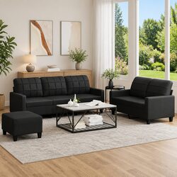 Durable 3 Piece Sofa Set with Footstool in Black