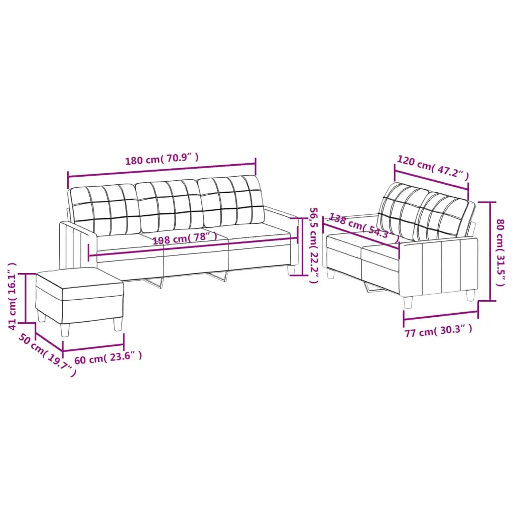 3 Piece Sofa Set with Footstool in Black