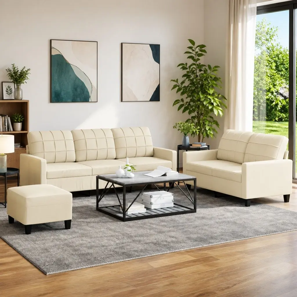 3 Piece Sofa Set Faux Leather Cream