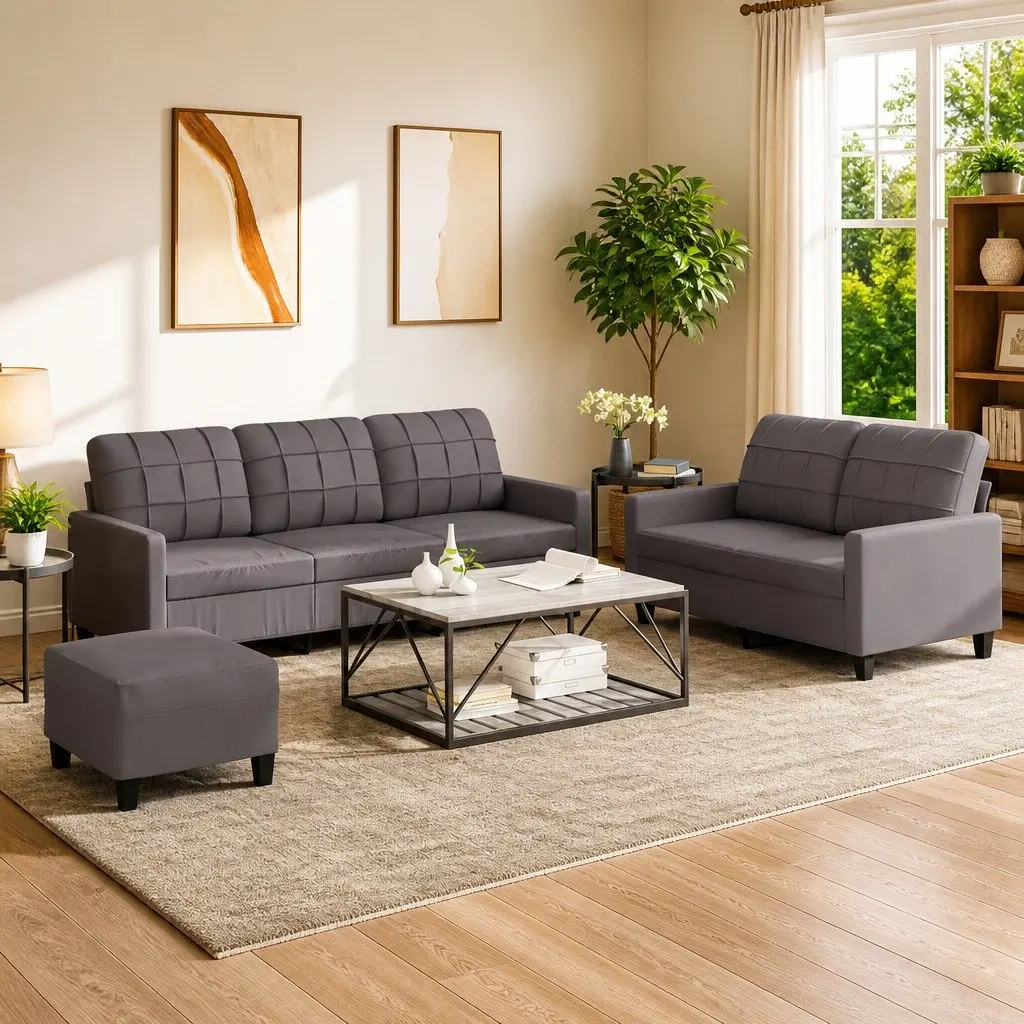 3 Piece Sofa Set Faux Leather Grey Living Room Furniture