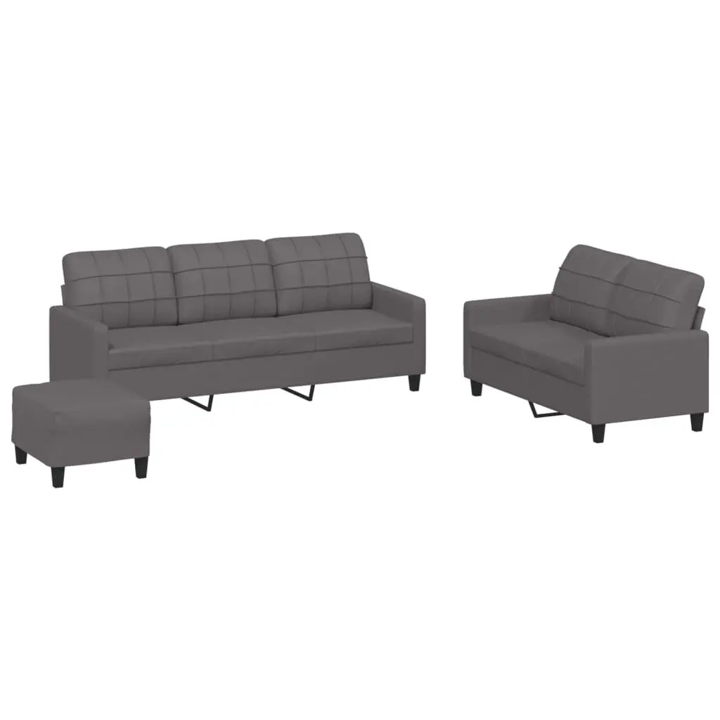 3 Piece Sofa Set Faux Leather Grey Living Room Furniture