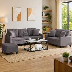 Durable Grey Faux Leather Sofa Set with Pillows and Footstool