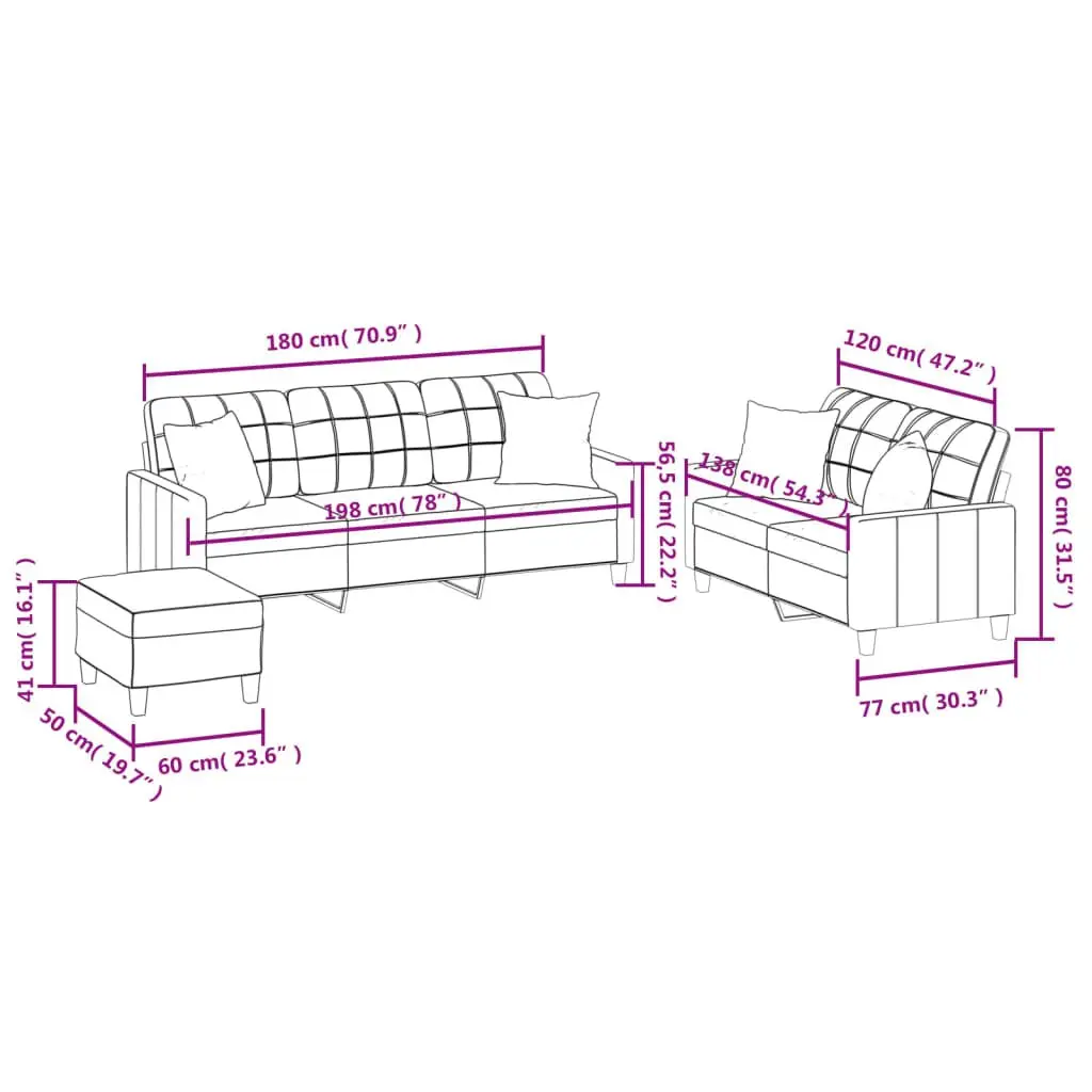 3 Piece Sofa Set with Pillows and Footstool