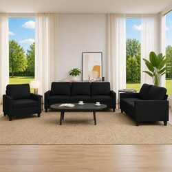 Durable 3 Piece Black Faux Leather Sofa Set for Living Rooms