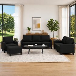 Premium Black Faux Leather 4 Piece Sofa Set with Footstool