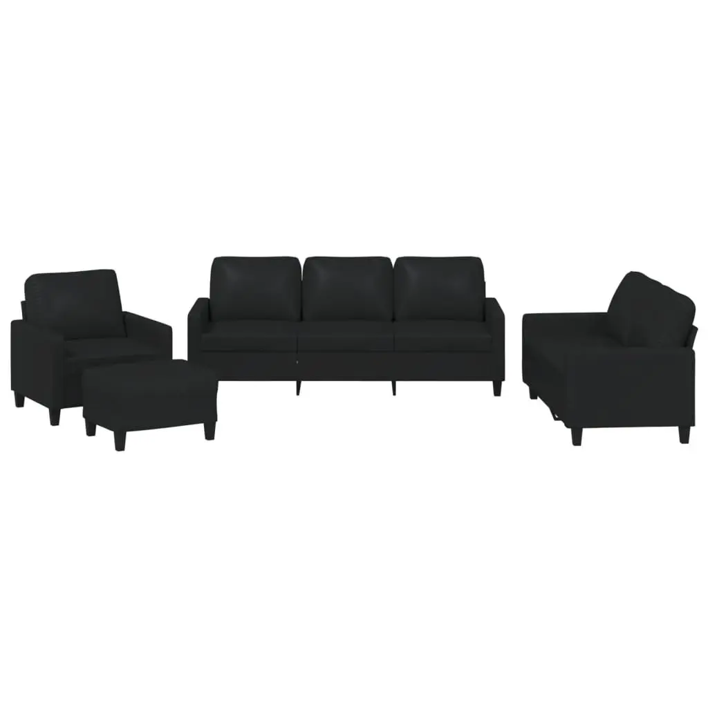 Sofa Set Faux Leather Black 4 Piece with Footstool Cushions
