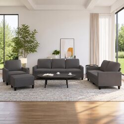 Durable 4 Piece Grey Faux Leather Sofa Set with Cushions