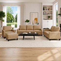 Durable 4 Piece Sofa Set with Footstool in Brown Faux Leather