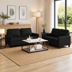 Modern Black Faux Leather 2 Piece Sofa Set