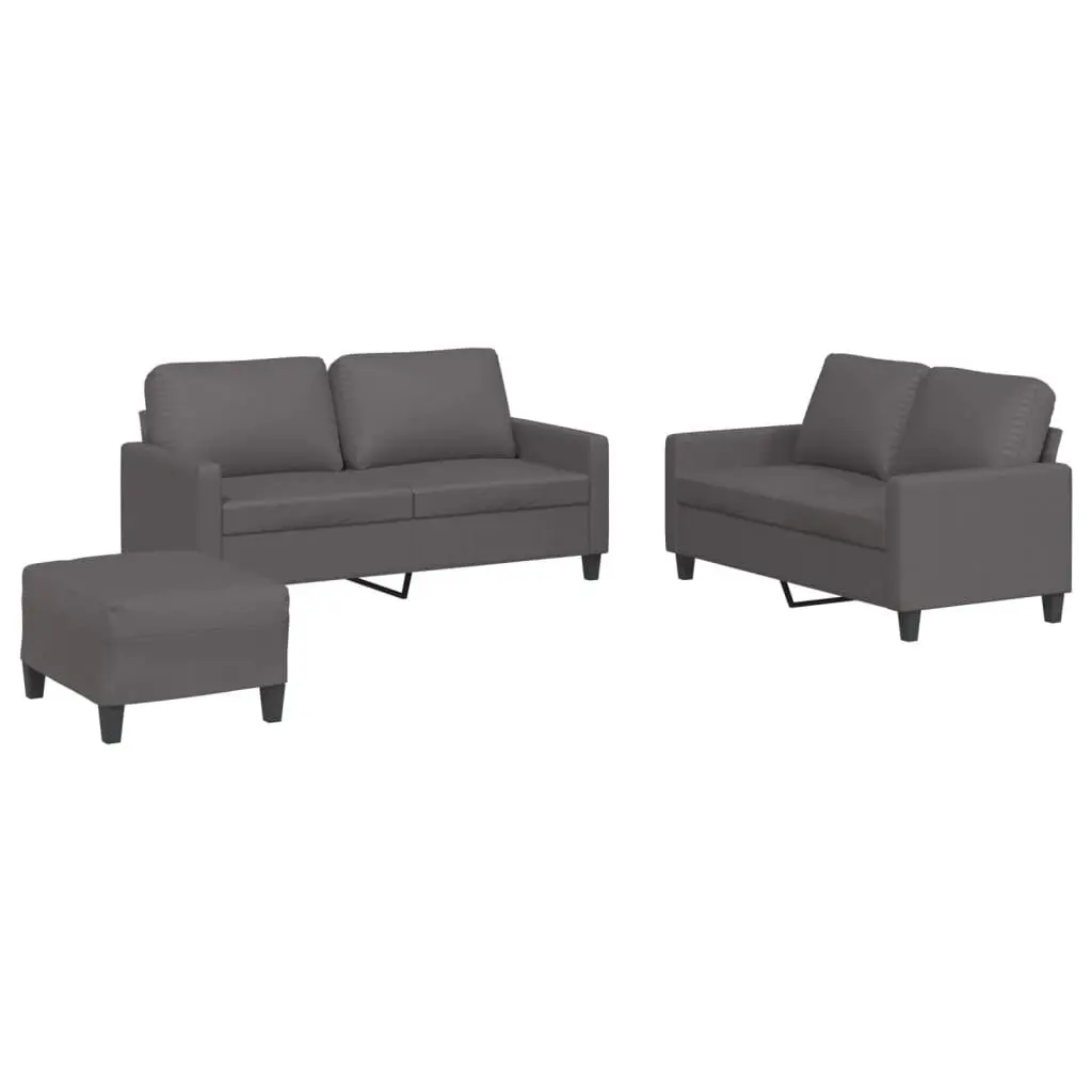 3 Piece Sofa Set Faux Leather Grey Living Room Furniture