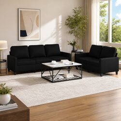 Black Faux Leather 2 Piece Sofa Set with Cushions