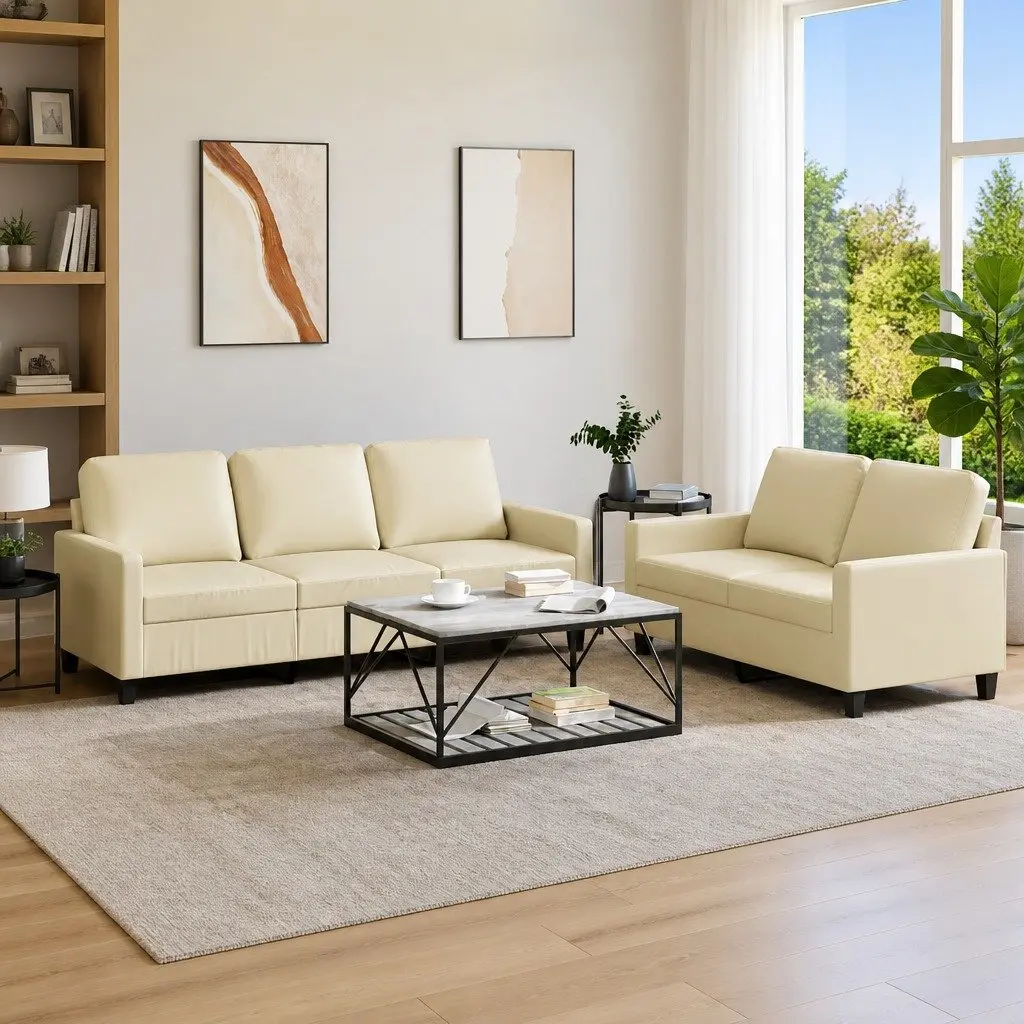 2 Piece Sofa Set with Cushions Cream Faux Leather Living Room Furniture