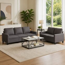 Sturdy Grey Faux Leather Sofa Set with Cushions