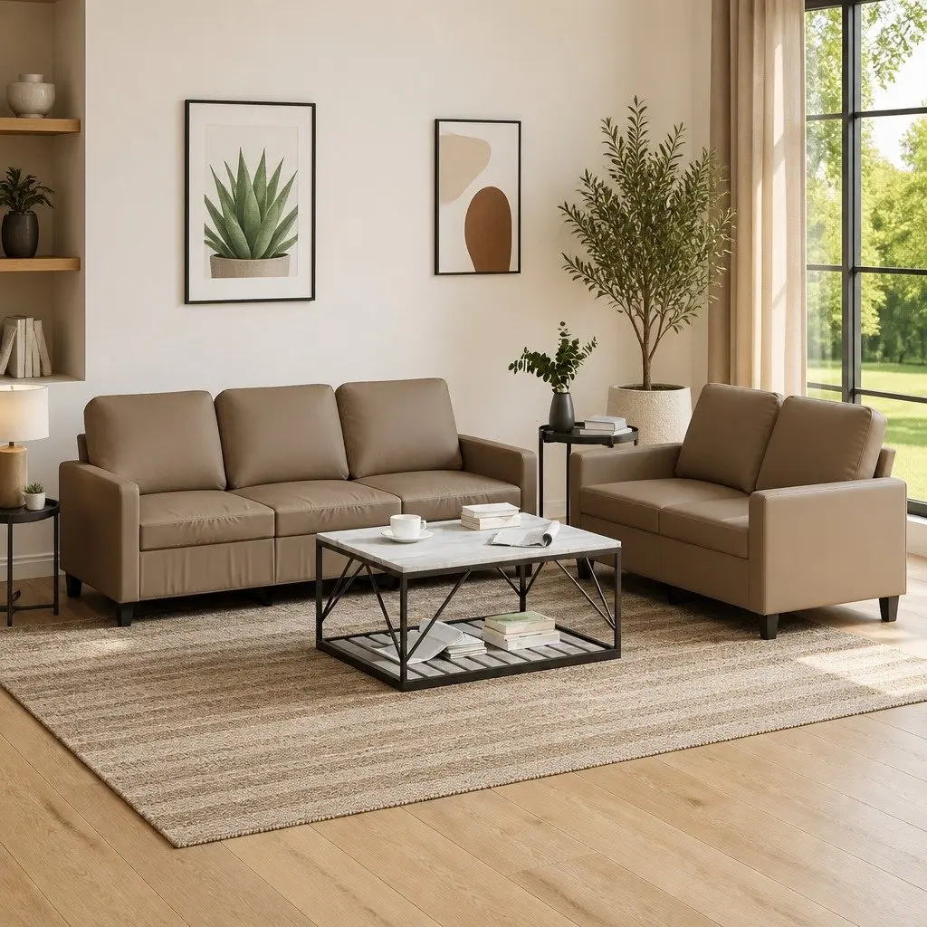 2-Piece Brown Faux Leather Sofa Set