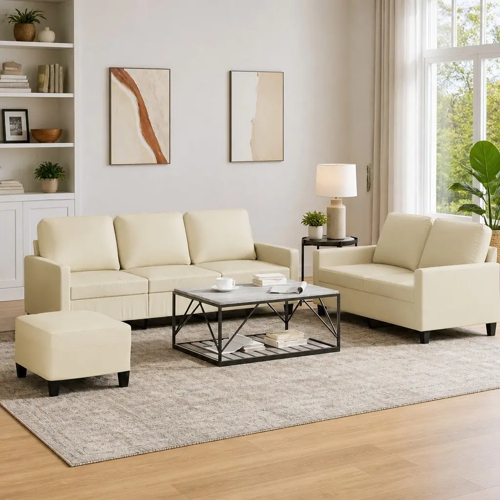 3 Piece Sofa Set Faux Leather Cream Living Room Furniture