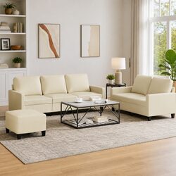 Quality 3 Piece Sofa Set with Cream Faux Leather