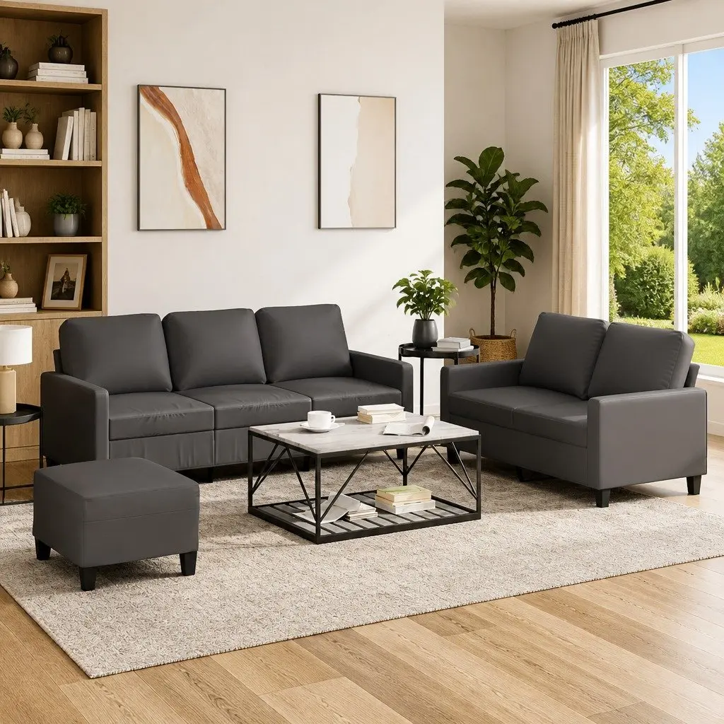 3 Piece Grey Faux Leather Sofa Set with Cushions