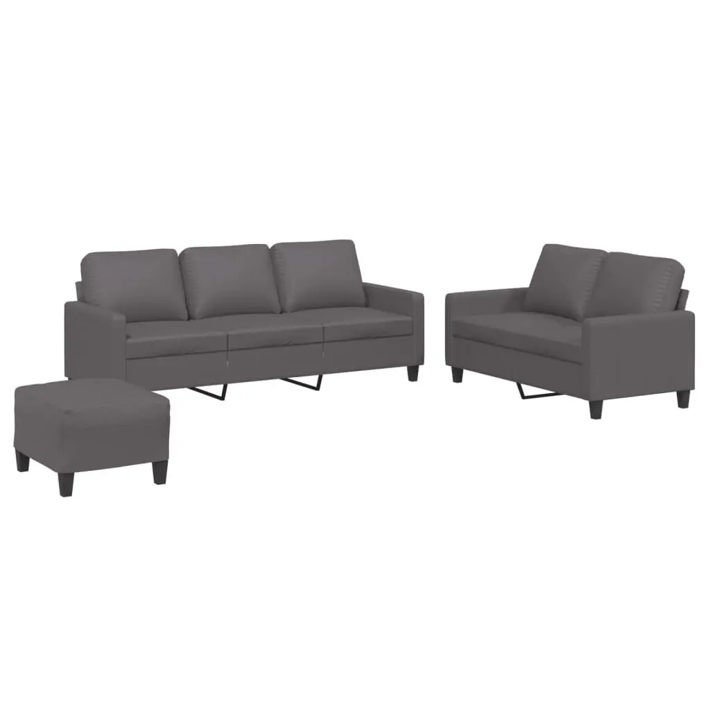 3 Piece Grey Faux Leather Sofa Set with Cushions