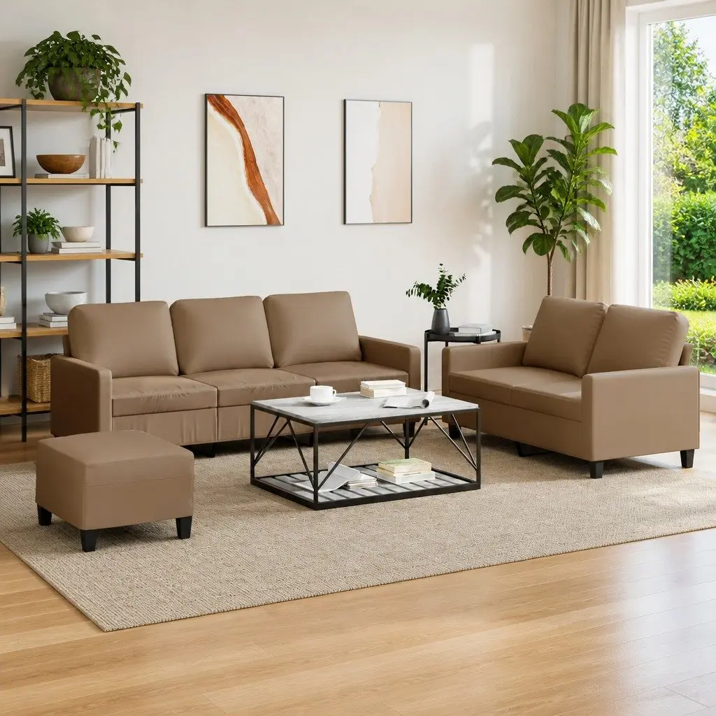 Brown Faux Leather 3 Piece Sofa Set with Footstool