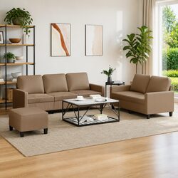 Durable Brown Faux Leather 3 Piece Sofa Set with Footstool