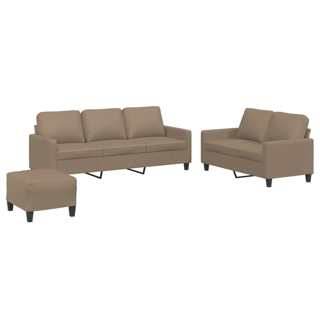 Brown Faux Leather 3 Piece Sofa Set with Footstool